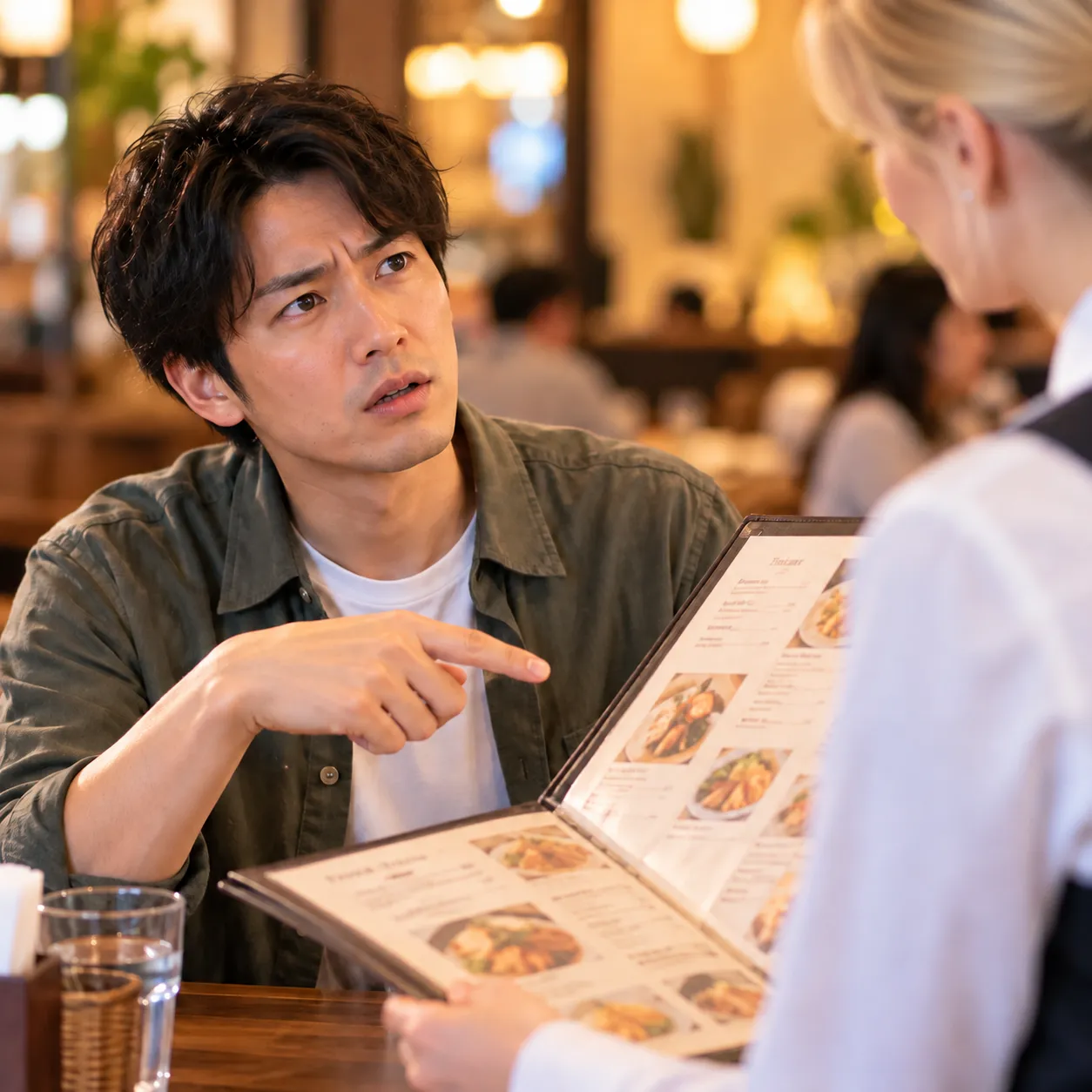 レストランで注文を伝えようとする男性