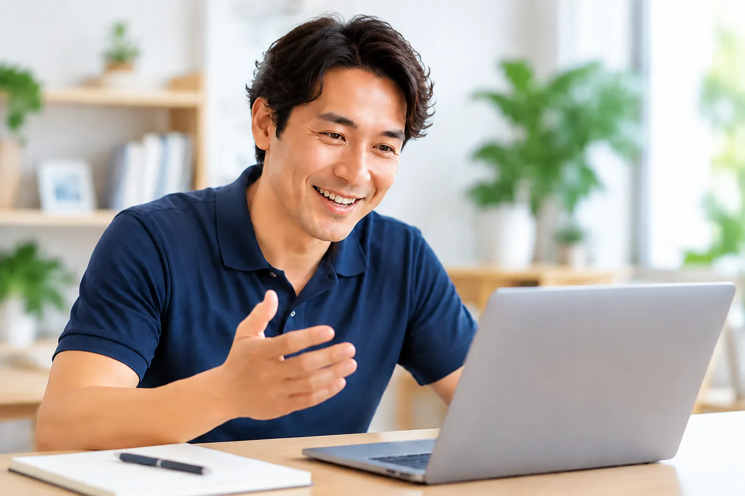 パソコンに向かって笑顔で英語を話す男性