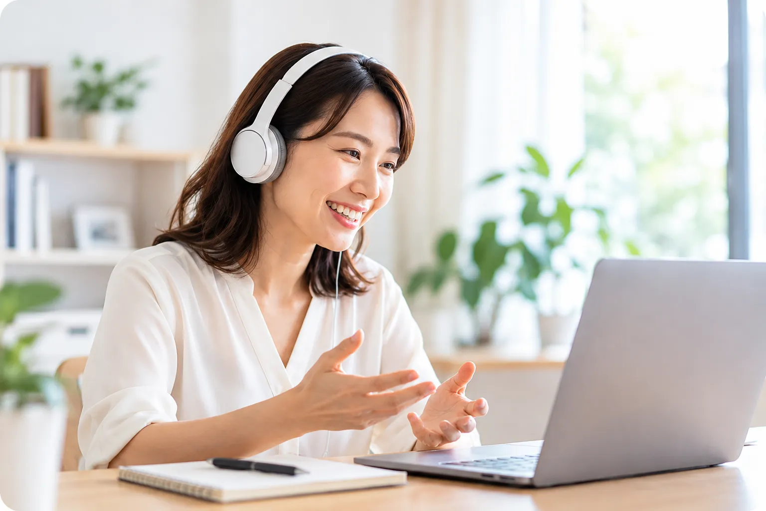 パソコンに向かって英語を話す女性