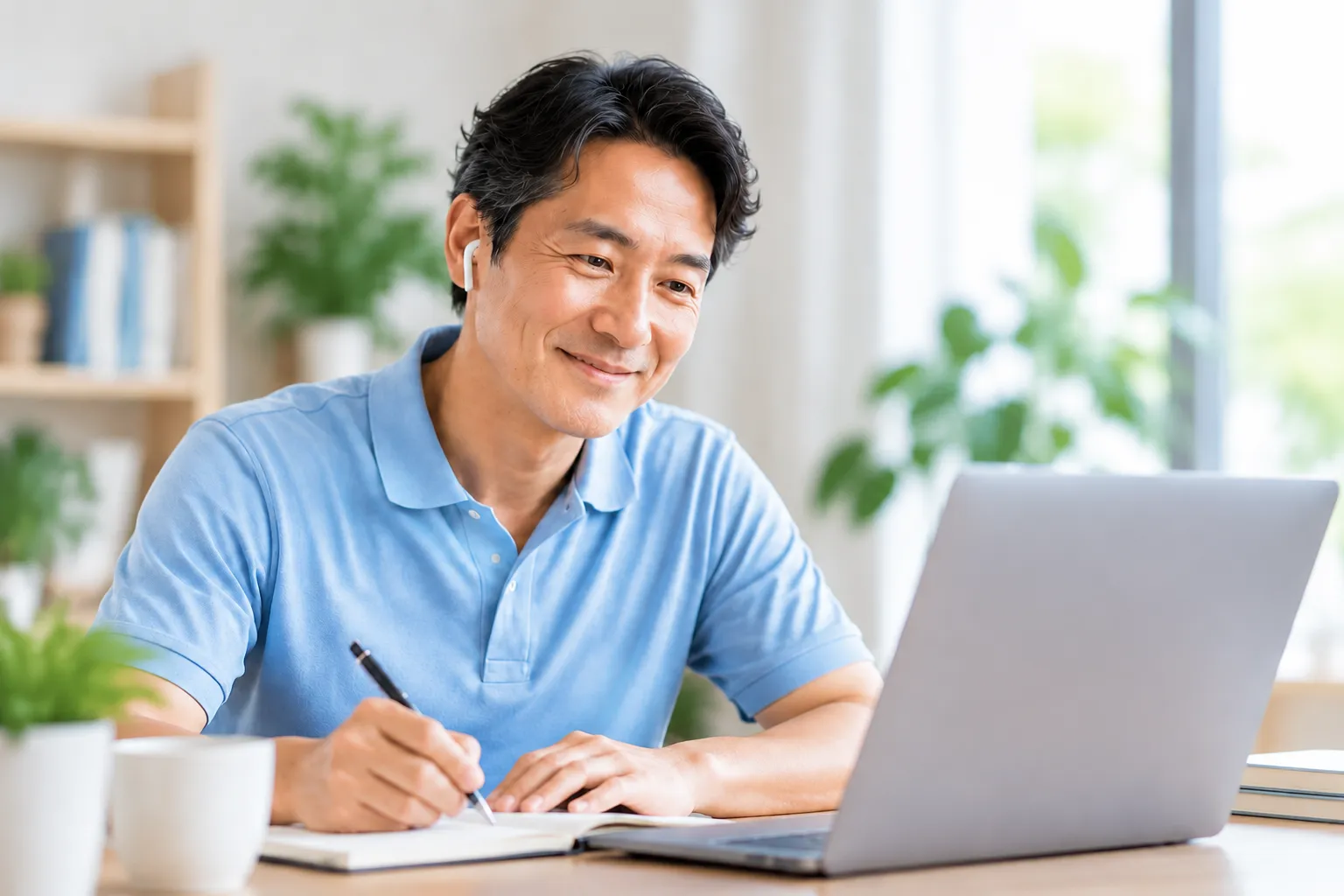 ノートを取りながら英語を学習する男性